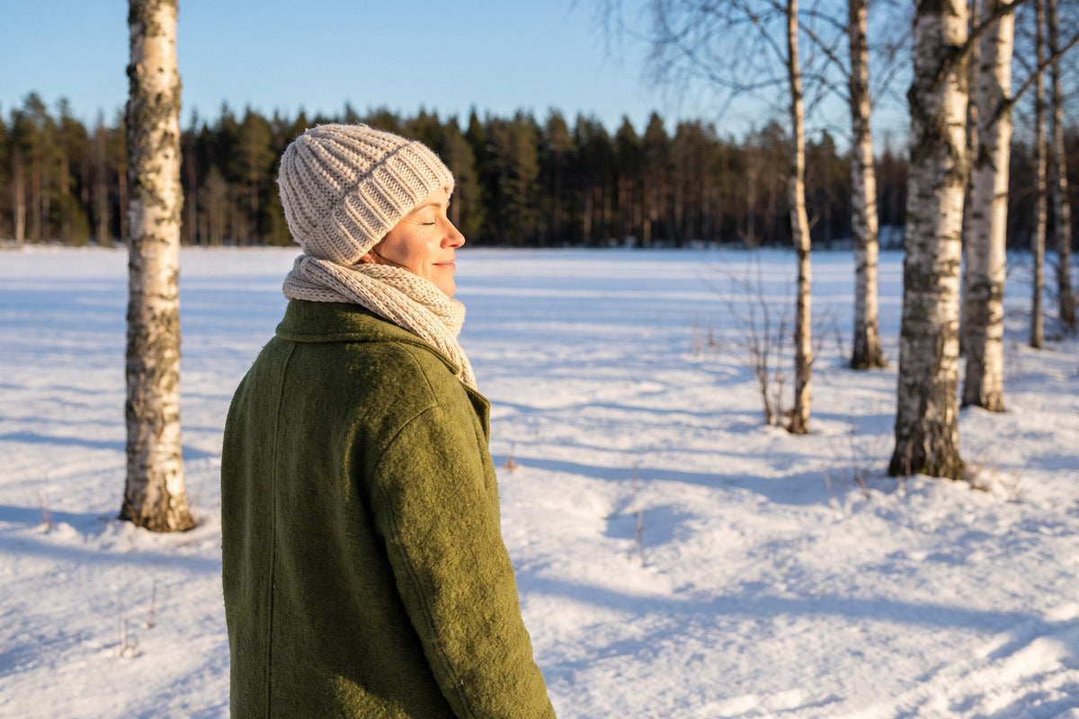 Kvinna på promenad i vintersol över ett snötäckt landskap
