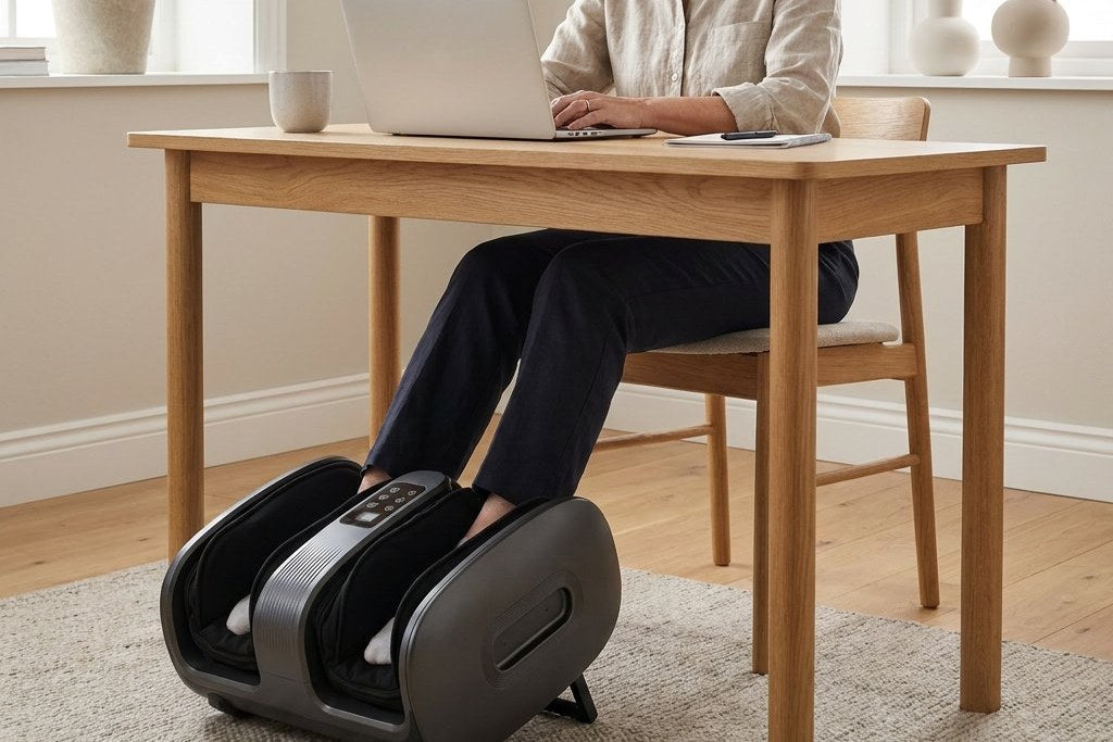 Kvinna arbetar vid skrivbordet med fötterna i en fotmassageapparat