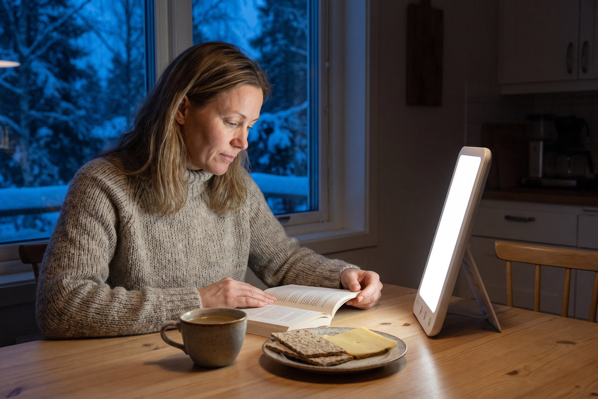 Kvinna äter frukost en mörk vintermorgon med en ljusterapilampa snett framför sig