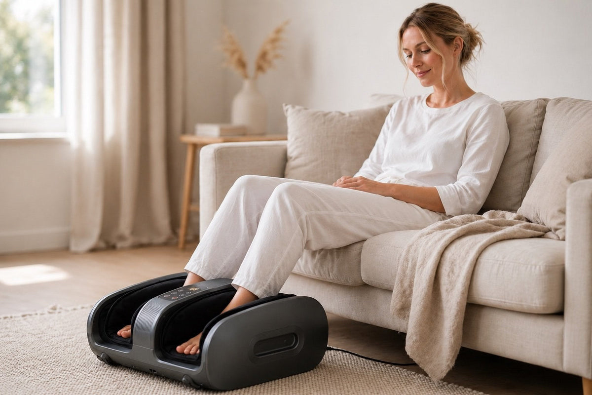 Kvinna i soffan med fötterna i Vera Fotmassage Pro
