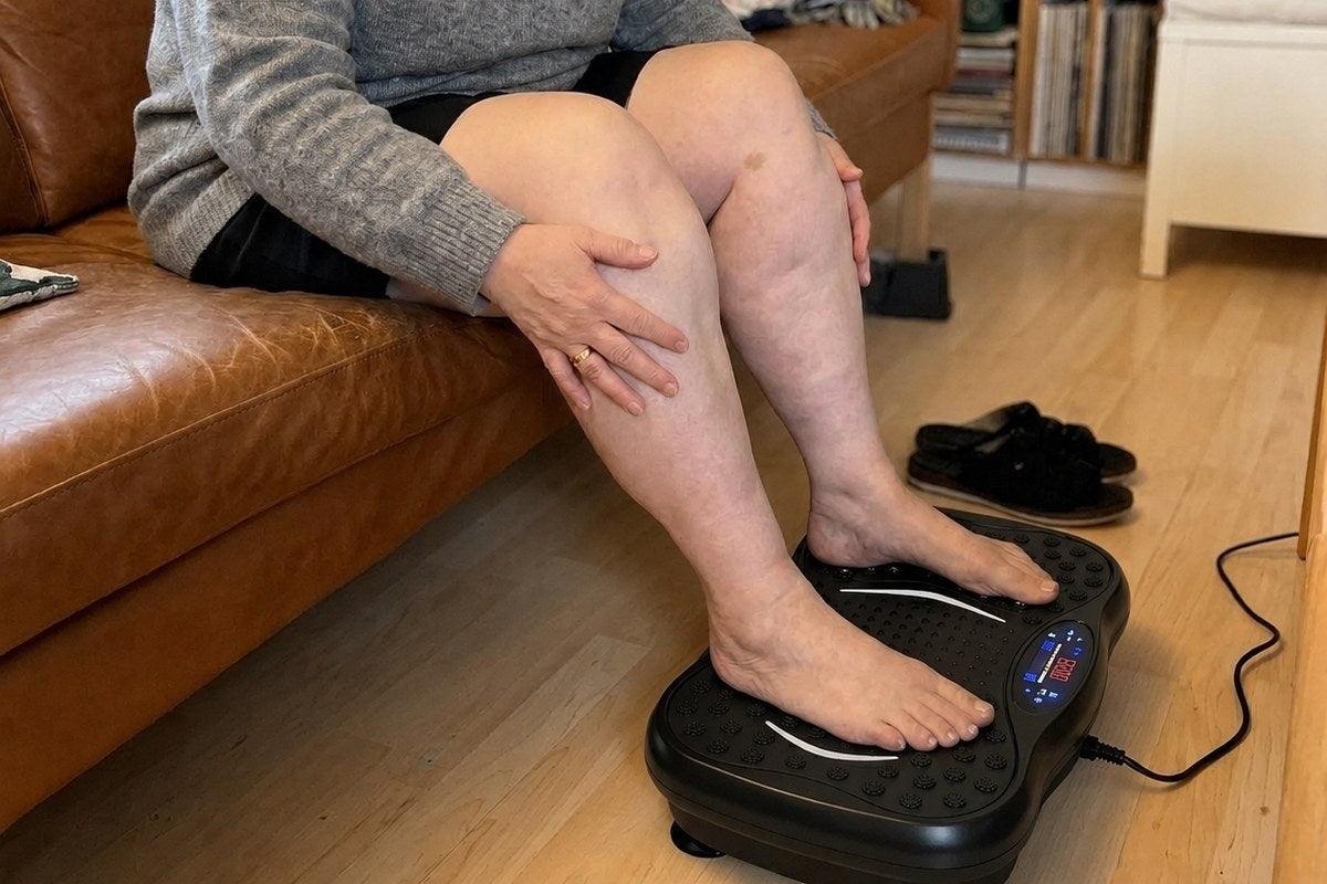 Kvinna sitter i soffan med fötterna på en vibrationsplatta