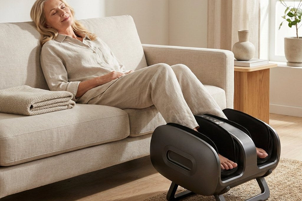 Kvinna vilar i soffan med fötter och vader i en fotmassageapparat