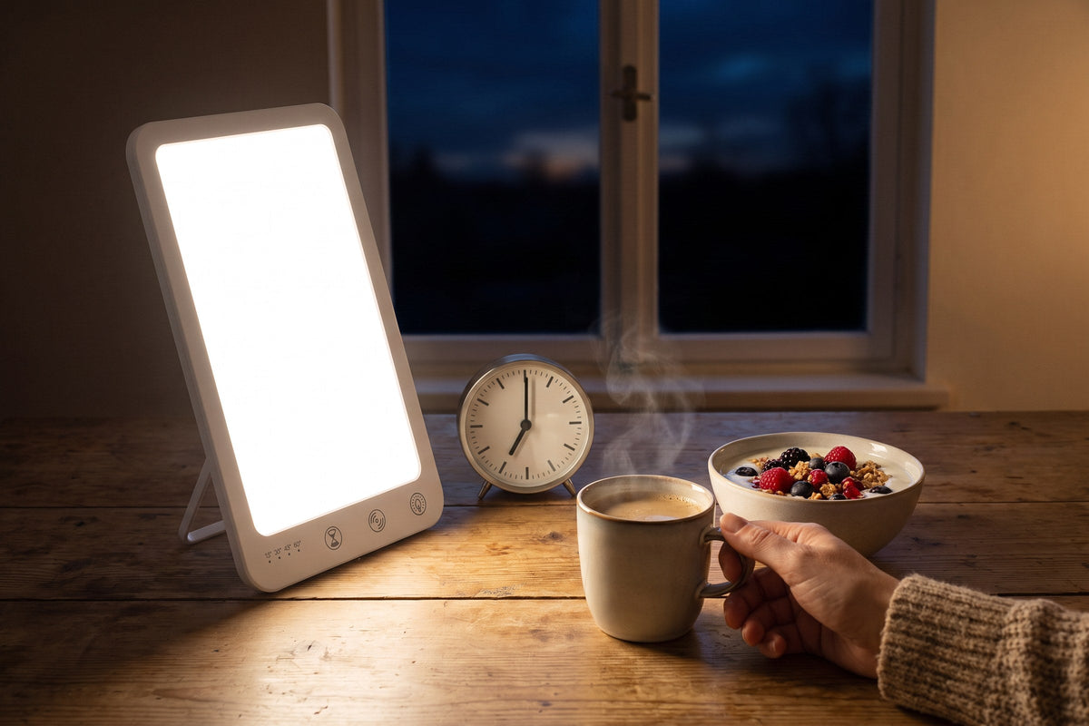 Väckarklocka och tänd ljusterapilampa en mörk morgon efter tidsomställningen