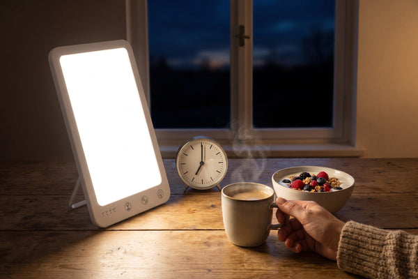 Väckarklocka och tänd ljusterapilampa en mörk morgon efter tidsomställningen