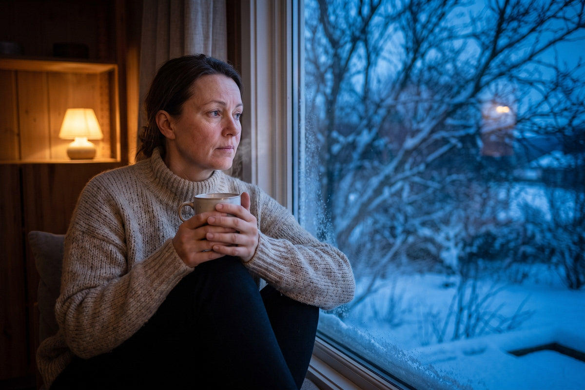 Trött kvinna i stickad tröja vid fönstret en mörk vintereftermiddag