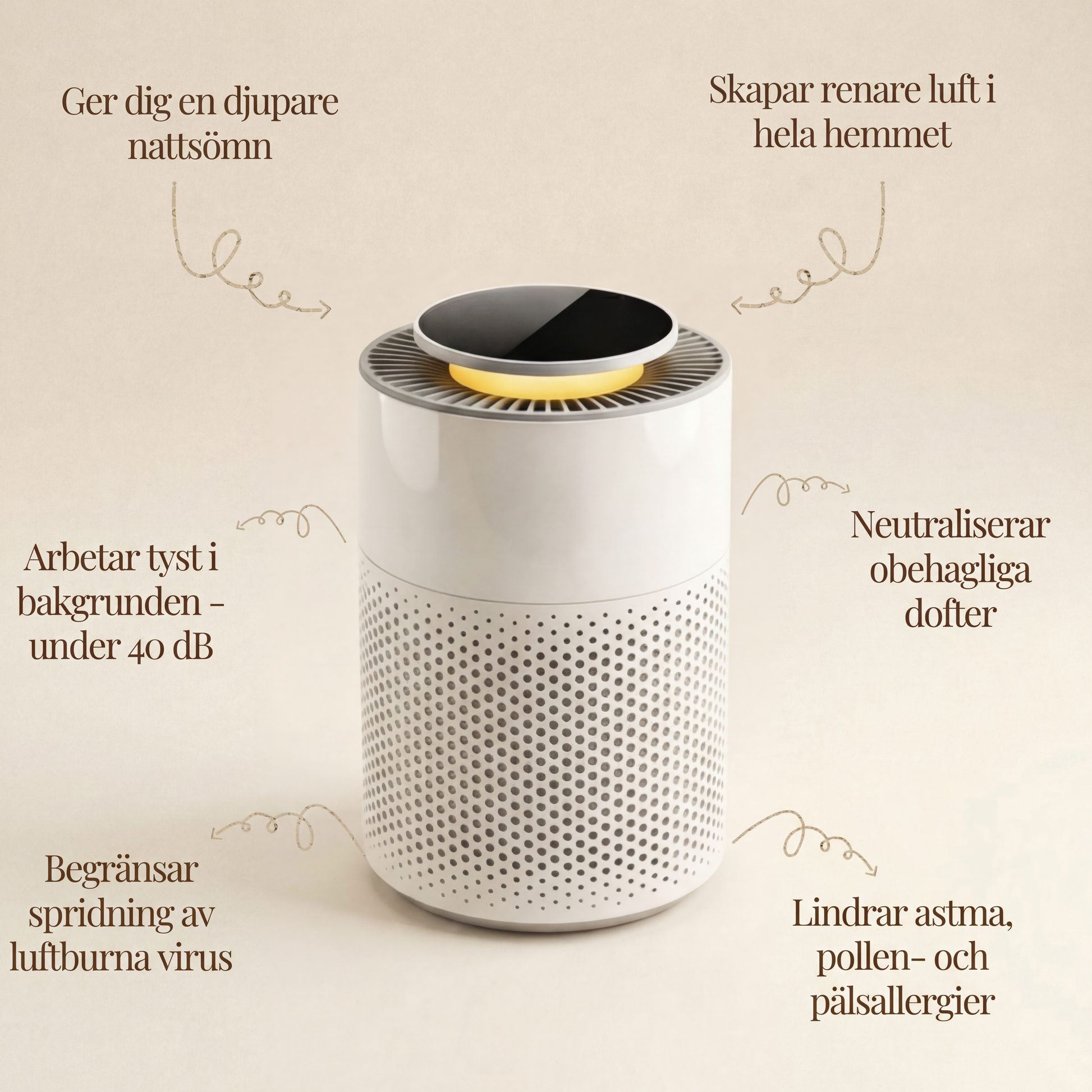 Vera Aera HEPA 13 luftrenare – funktioner mot pollen, allergener, damm och dålig lukt för allergiker och bättre sömn