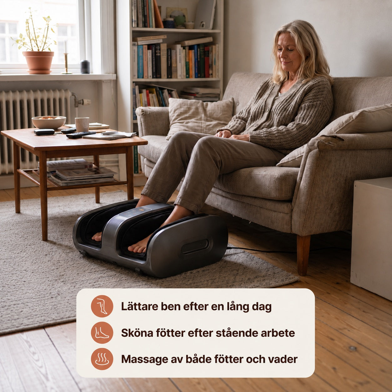 Kvinna som slappnar av i soffan med Vera Fotmassage Maskin Pro - lättare ben efter en lång dag