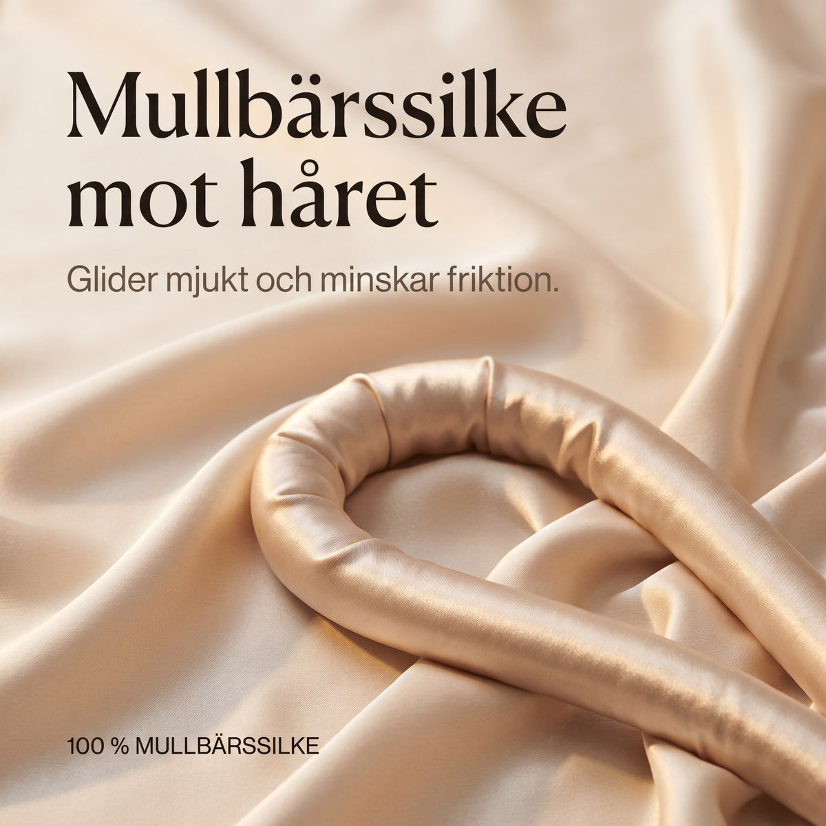 Närbild på lockband i 100 % mullbärssilke som glider mjukt mot håret och minskar friktion