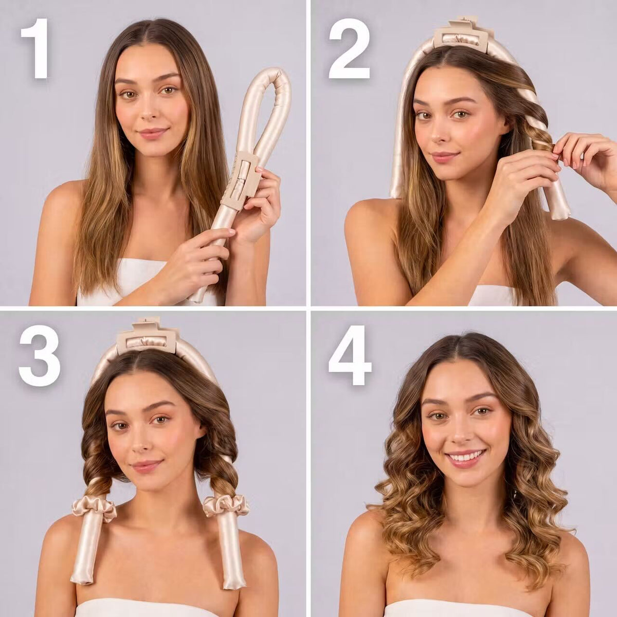 Så använder du heatless curls i fyra steg - linda håret runt lockbandet i silke och vakna med mjuka lockar utan värme