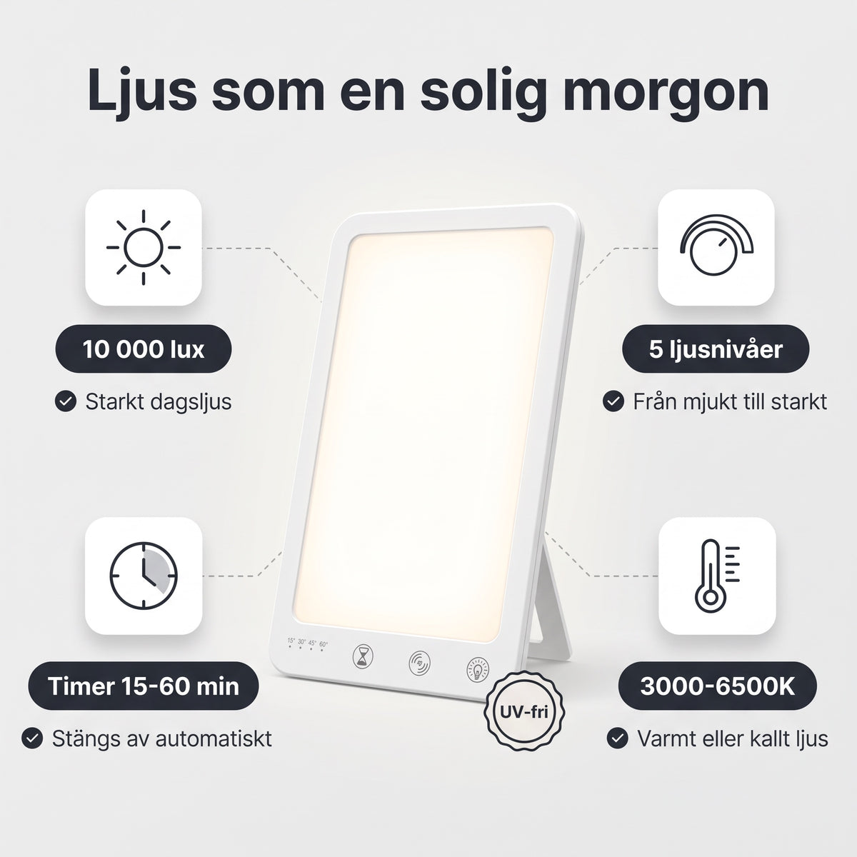 Energize ljusterapilampa: 10 000 lux, 5 ljusnivåer, timer 15-60 min och 3000-6500K, UV-fri