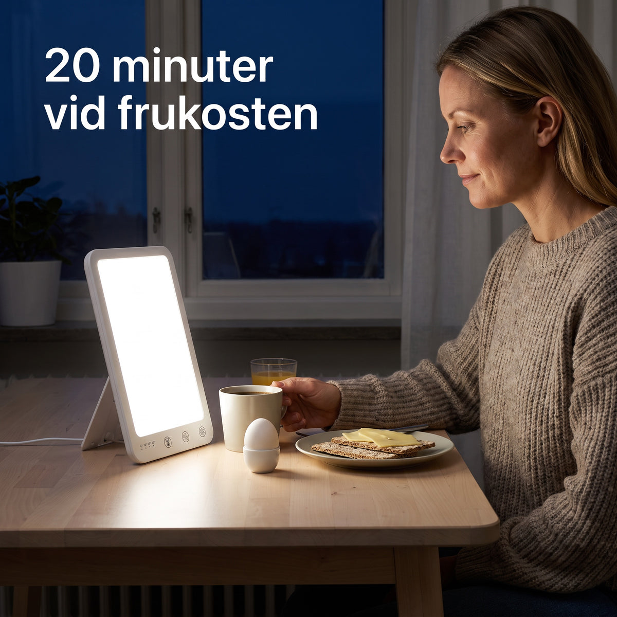 Kvinna äter frukost en mörk vintermorgon med Energize ljusterapilampa tänd på bordet