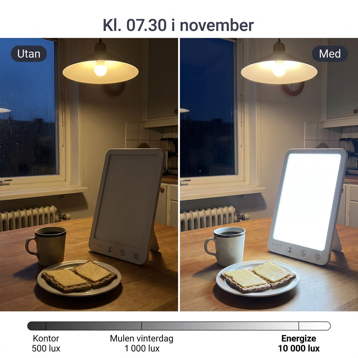 Samma kök klockan 07.30 i november med och utan ljusterapilampa, kontor 500 lux, mulen vinterdag 1 000 lux, Energize 10 000 lux