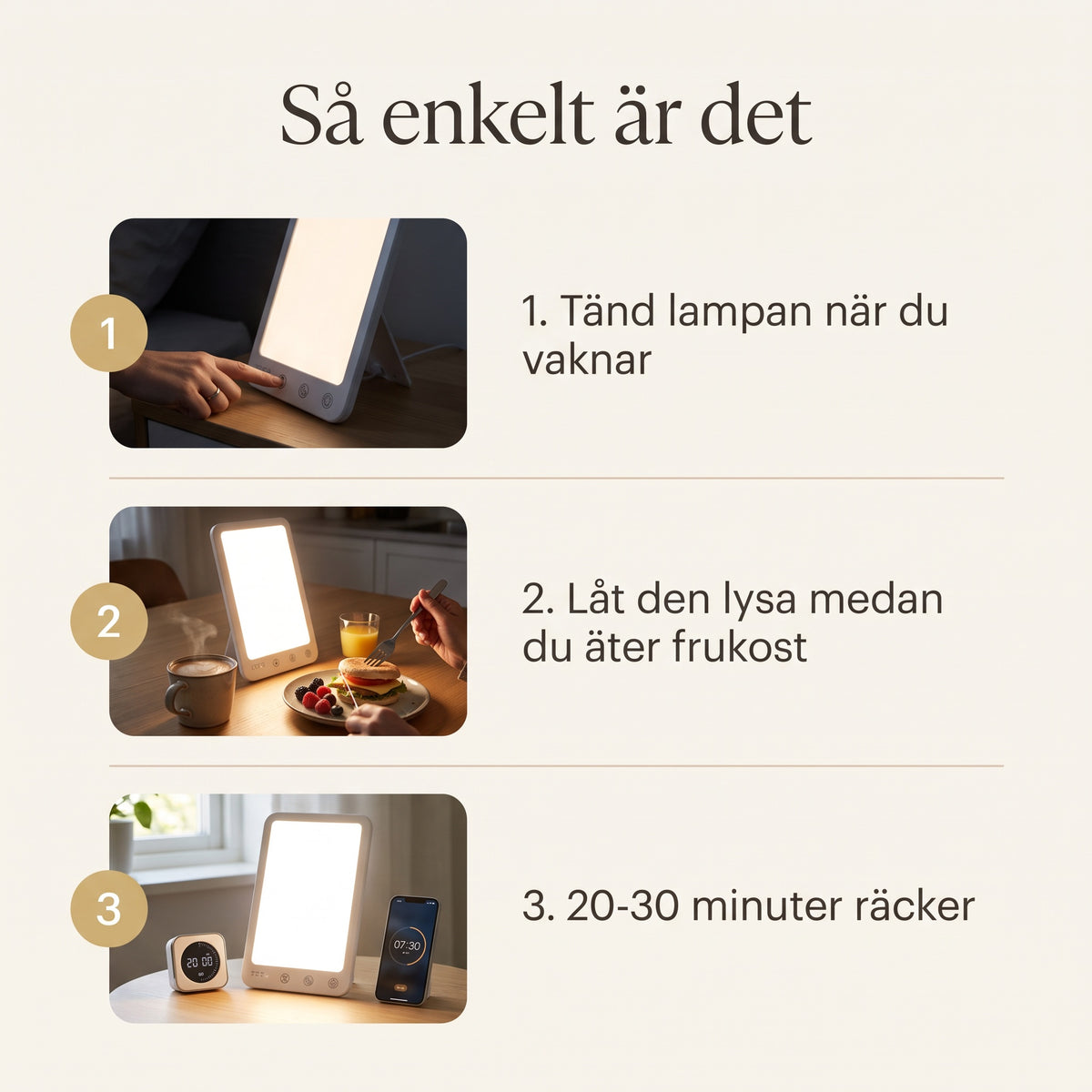 Så använder du ljusterapilampan: tänd den när du vaknar, låt den lysa under frukosten, 20-30 minuter räcker