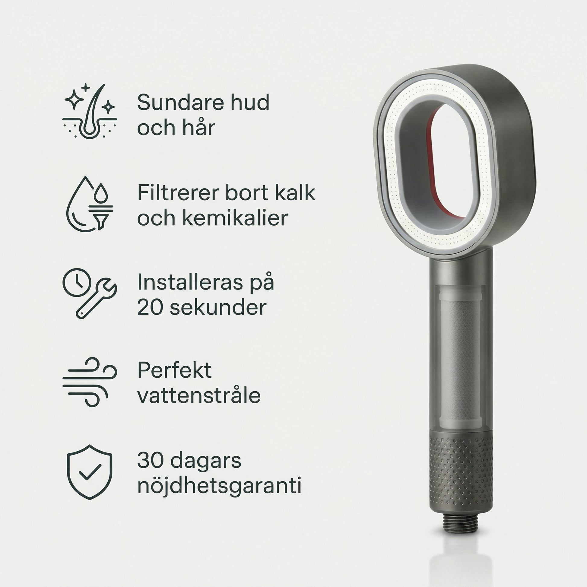 Purea fördelar: sundare hud och hår, filtrerar kalk och kemikalier, monteras på 20 sekunder
