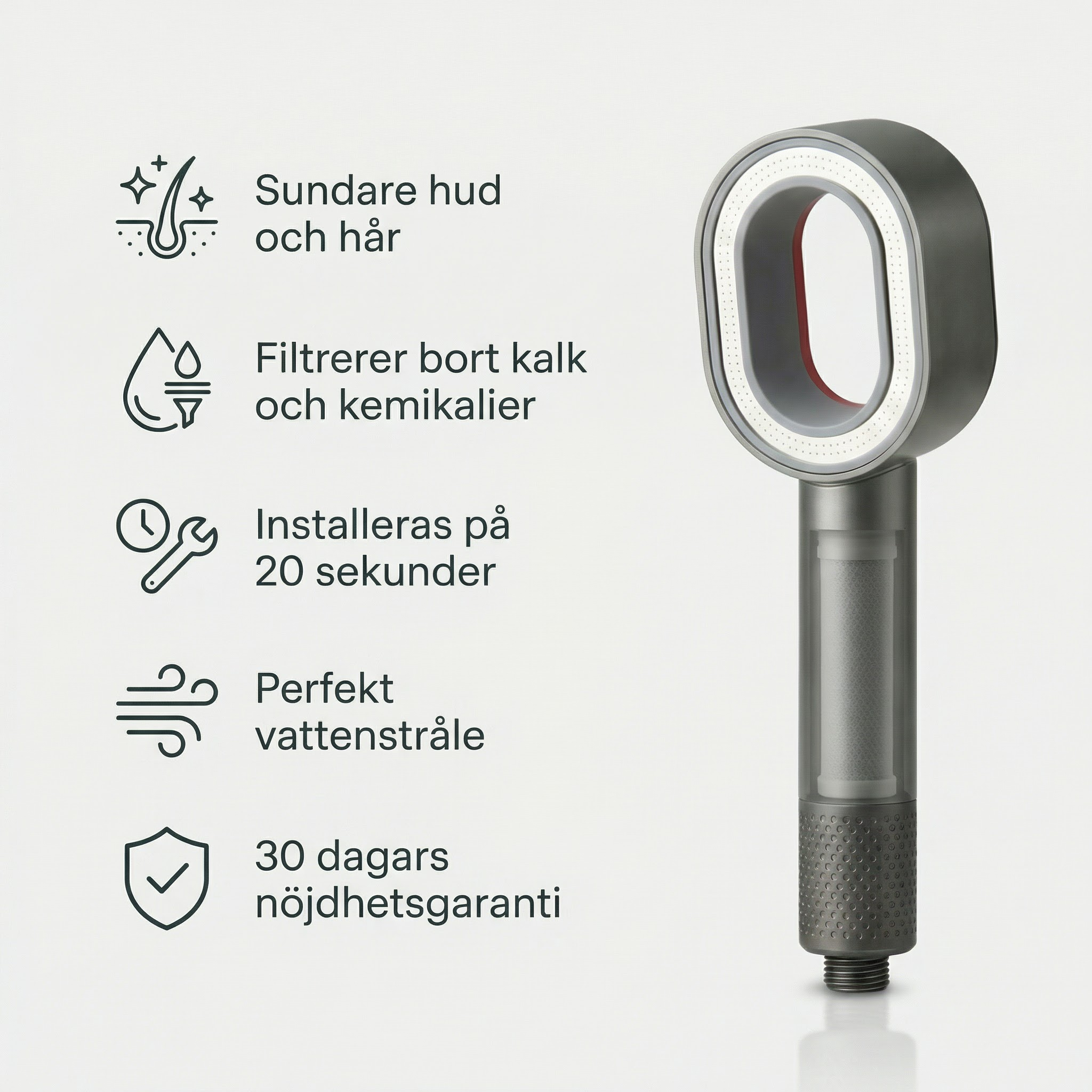 Purea fördelar: sundare hud och hår, filtrerar kalk och kemikalier, monteras på 20 sekunder