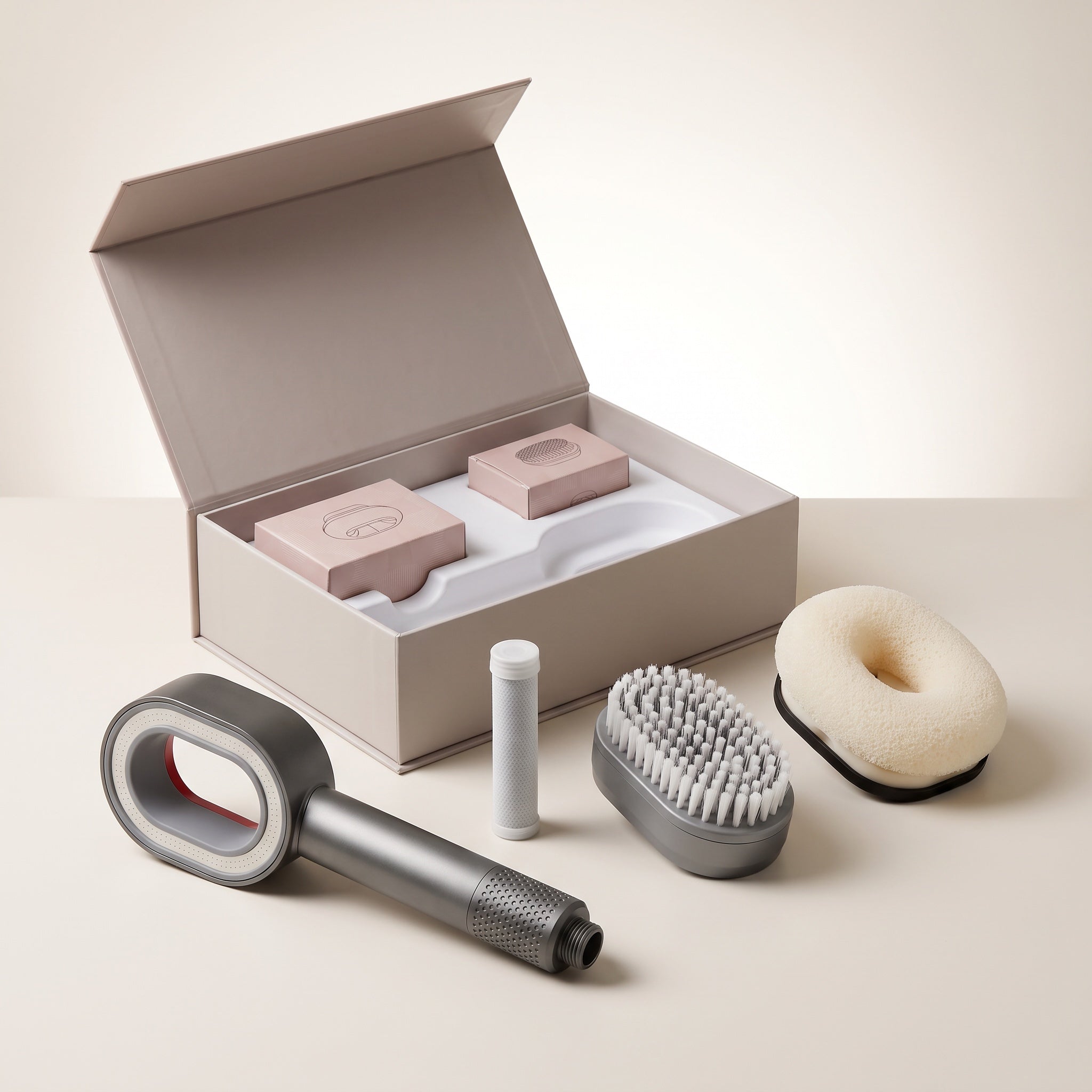 Purea Spa Set i presentförpackning med duschhuvud, kalkfilter, kroppsborste och rengöringssvamp