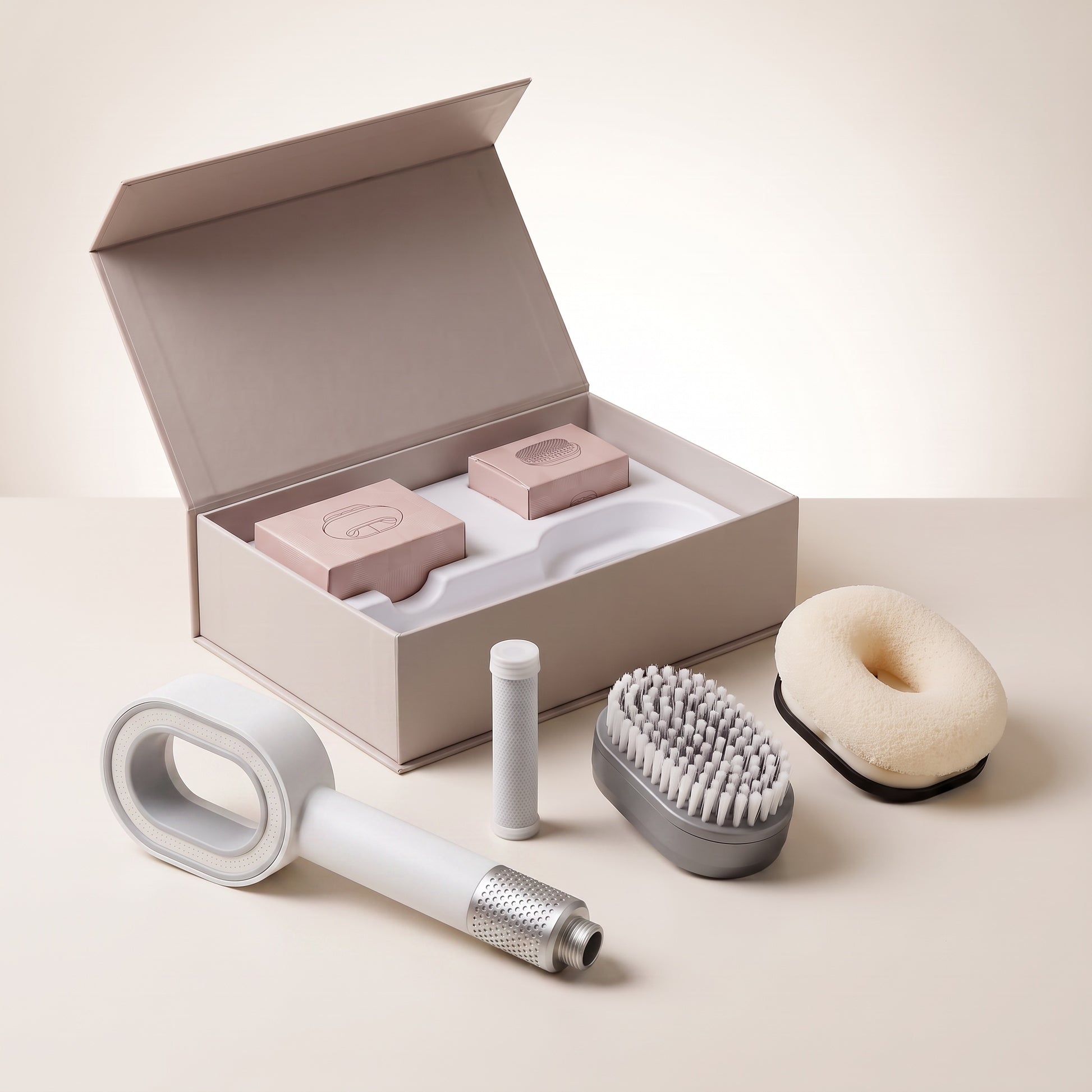 Purea Spa Set i vitt med duschhuvud, kalkfilter, kroppsborste och rengöringssvamp