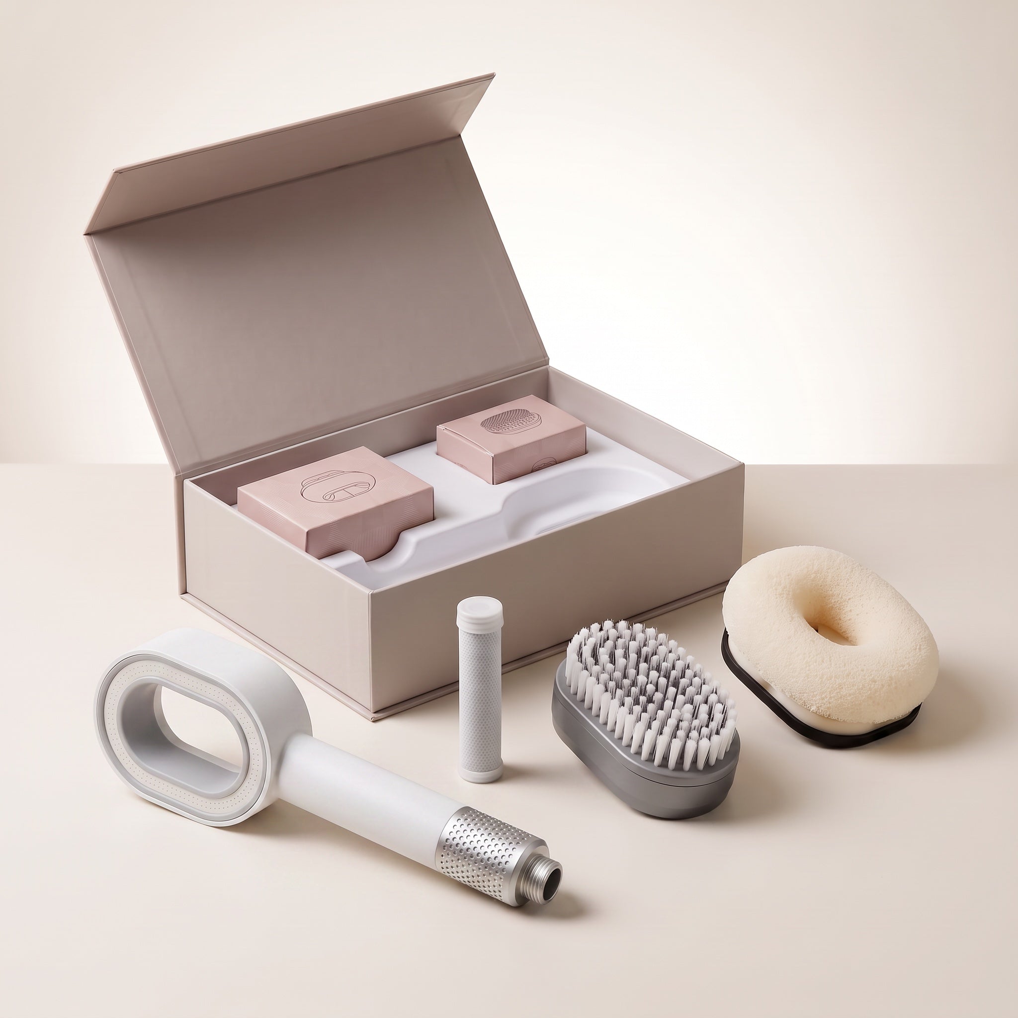 Purea Spa Set i vitt med duschhuvud, kalkfilter, kroppsborste och rengöringssvamp