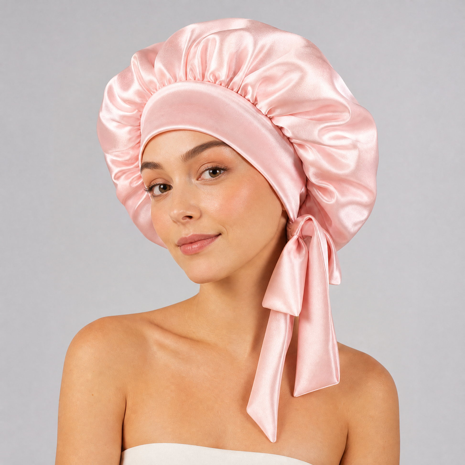 Kvinna med rosa silk bonnet i mullbärssilke på håret - silkesmössa att sova i