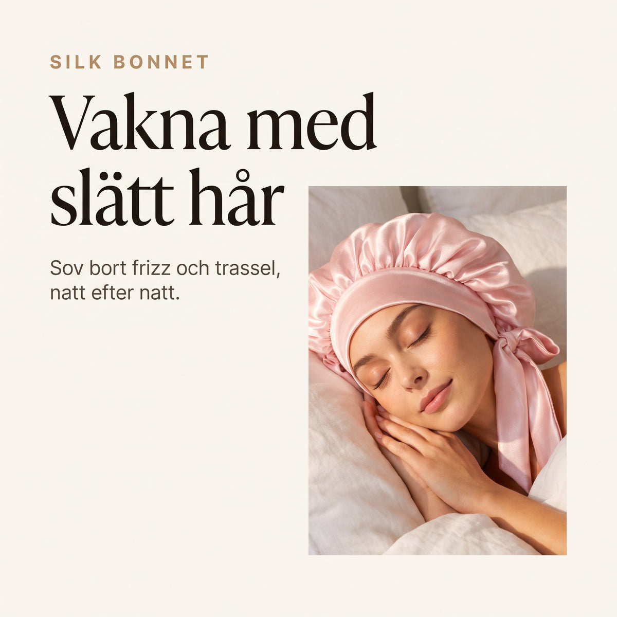 Kvinna sover med rosa silk bonnet i mullbärssilke - vakna med slätt hår utan frizz och trassel