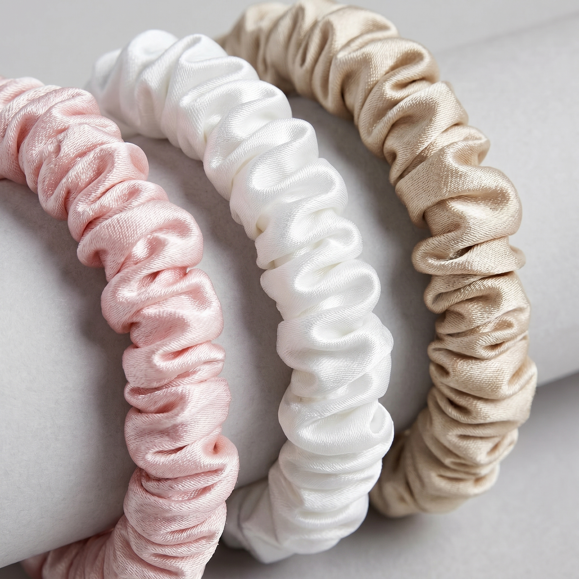 Närbild på tunna silk scrunchies i 22 momme mullbärssilke från Vera Beauty