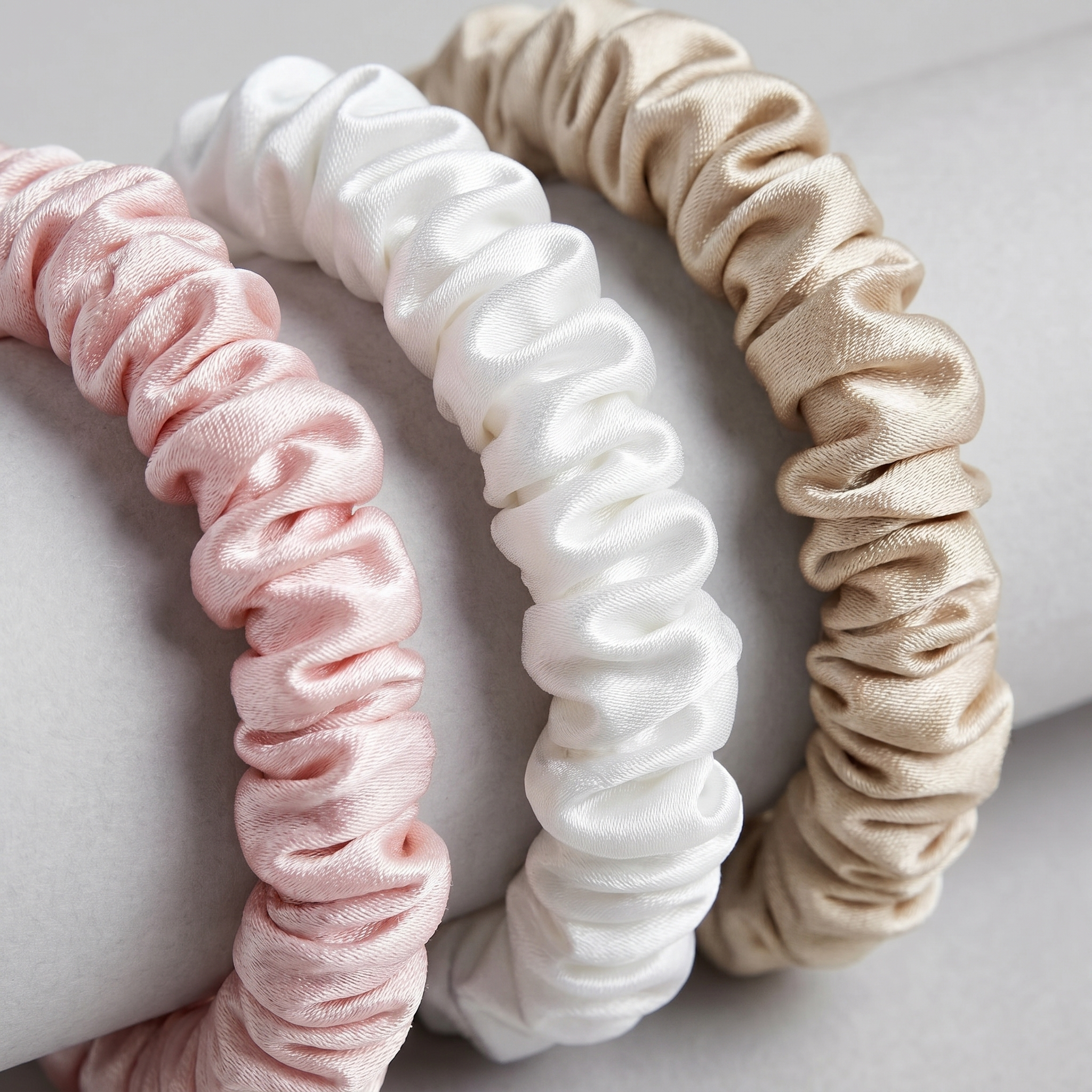 Närbild på tunna silk scrunchies i 22 momme mullbärssilke från Vera Beauty