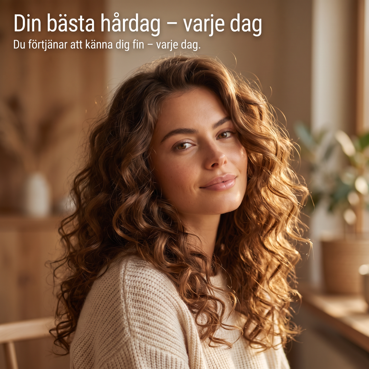 Kvinna med vackra, glänsande lockar i varmt ljus skapade med Vera Curler automatisk locktång – din bästa hårdag, varje dag