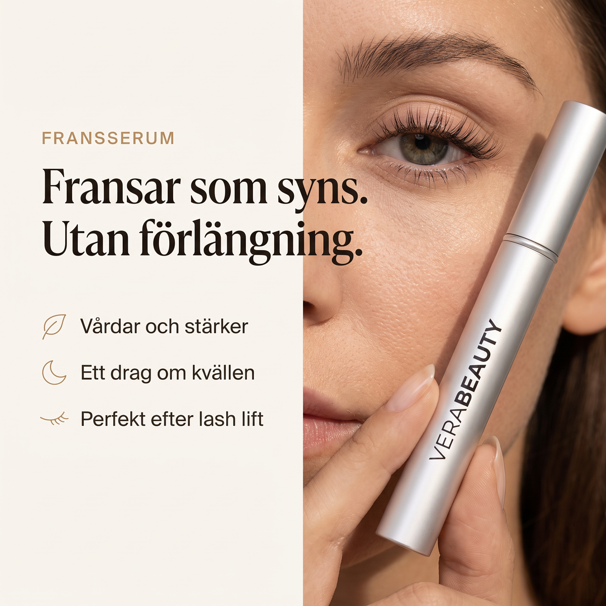 Kvinna med långa naturliga fransar håller Vera ögonfransserum - fransar som syns utan förlängning