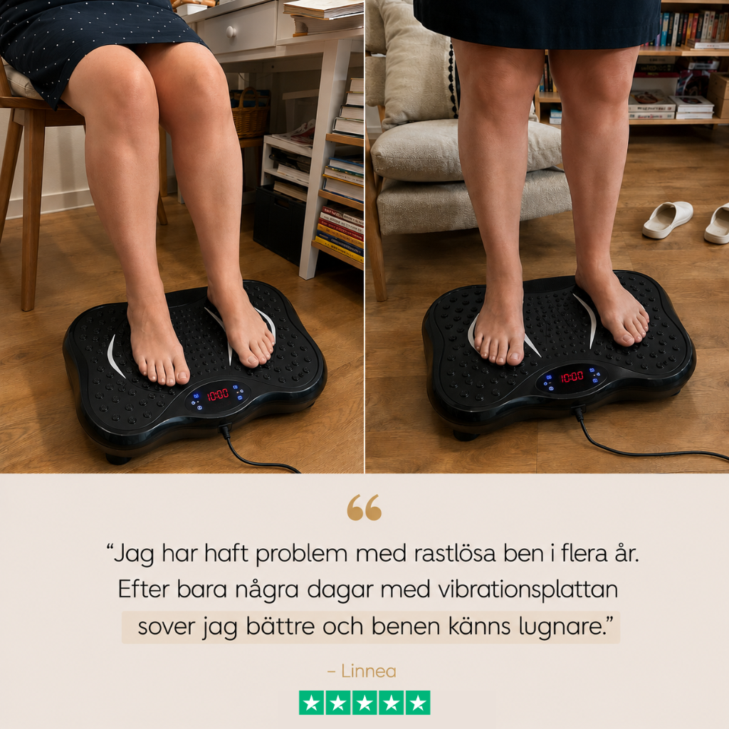 Kundrecension från Linnea - vibrationsplatta mot rastlösa ben, sover bättre och får lugnare ben med Vera FIT