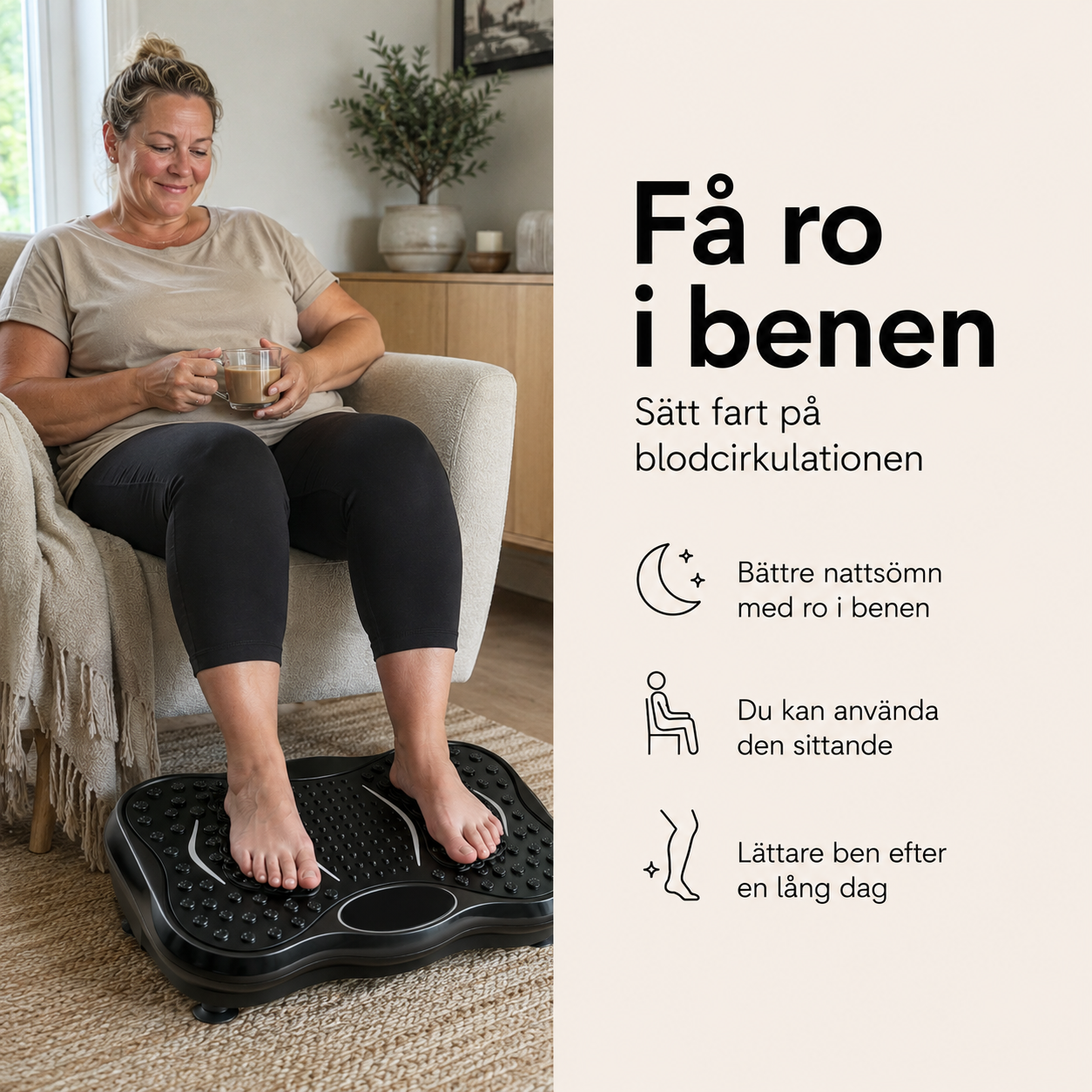 Vibrationsplatta för bättre blodcirkulation och ro i benen - kvinna använder Vera FIT sittande för lättare ben