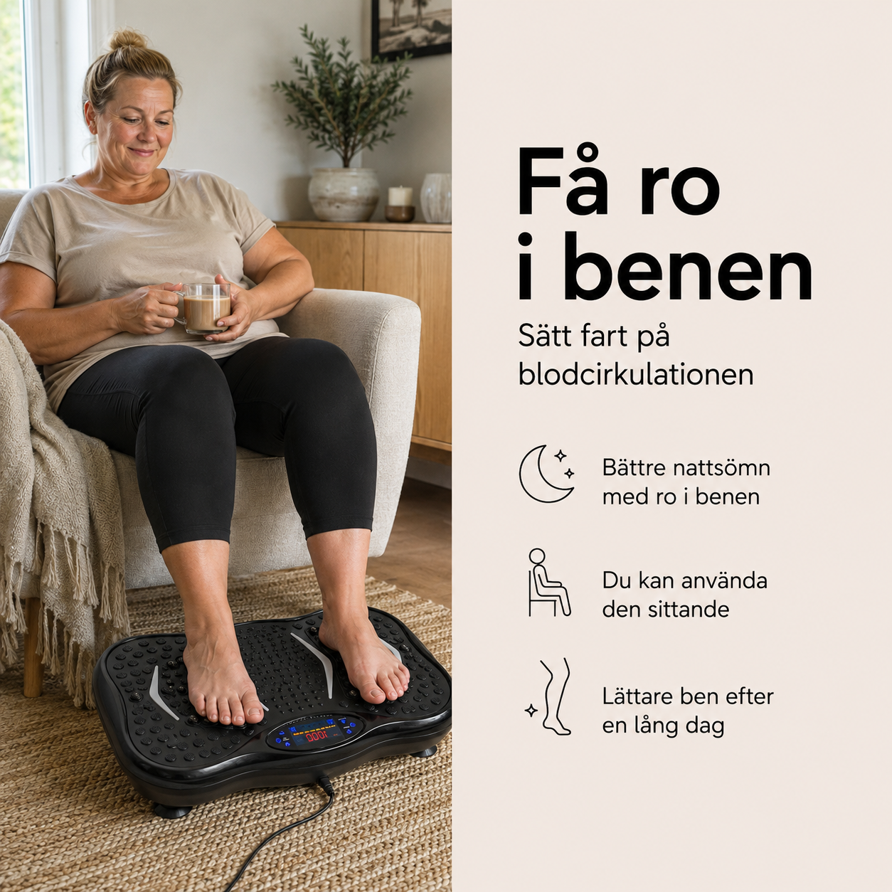 Vibrationsplatta för bättre blodcirkulation och ro i benen - kvinna använder Vera FIT sittande för lättare ben
