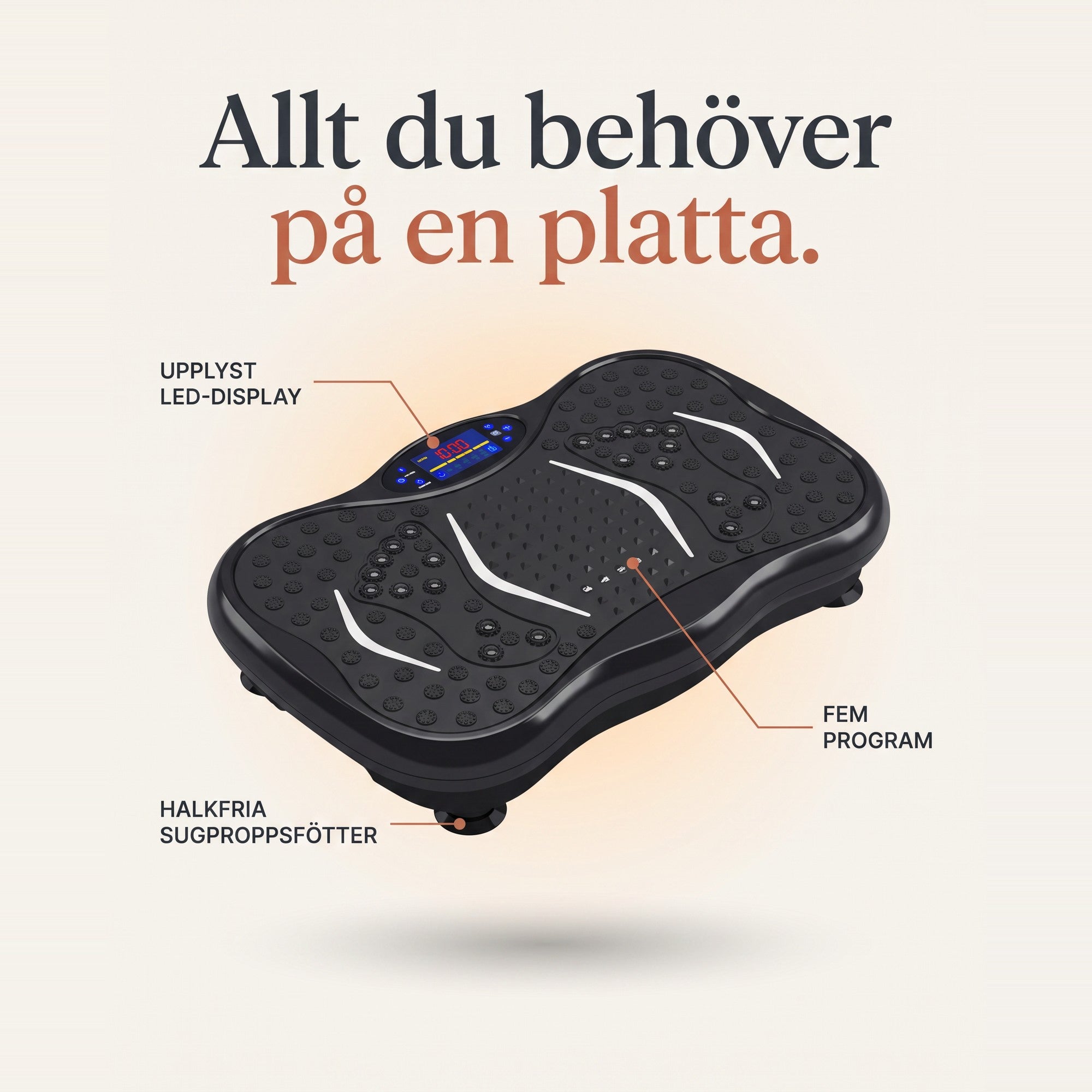 Vera FIT vibrationsplatta med upplyst LED-display, fem förinställda program och halkfria sugproppsfötter