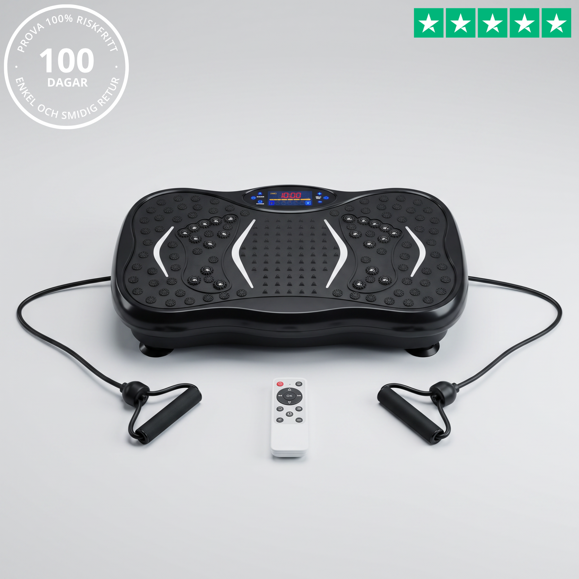 Vibrationsplatta Vera FIT i svart med LED-display, två träningsband med handtag och trådlös fjärrkontroll - prova 100 dagar riskfritt